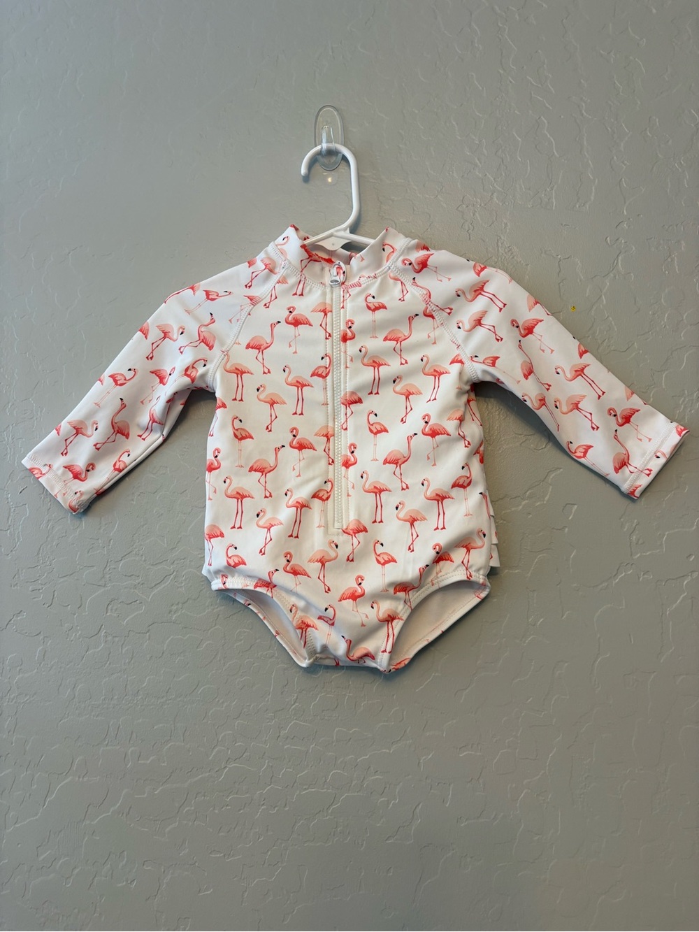Janie and Jack white flamingo print long sleeve ruffled rash guard swim 6-12 mo